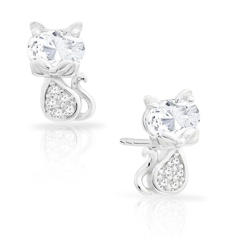 CZ Little Kitty Stud Earrings in Sterling Silver