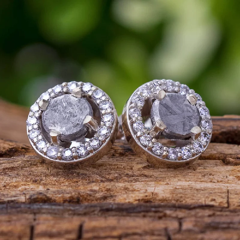 Meteorite Stud Earrings with White Diamonds