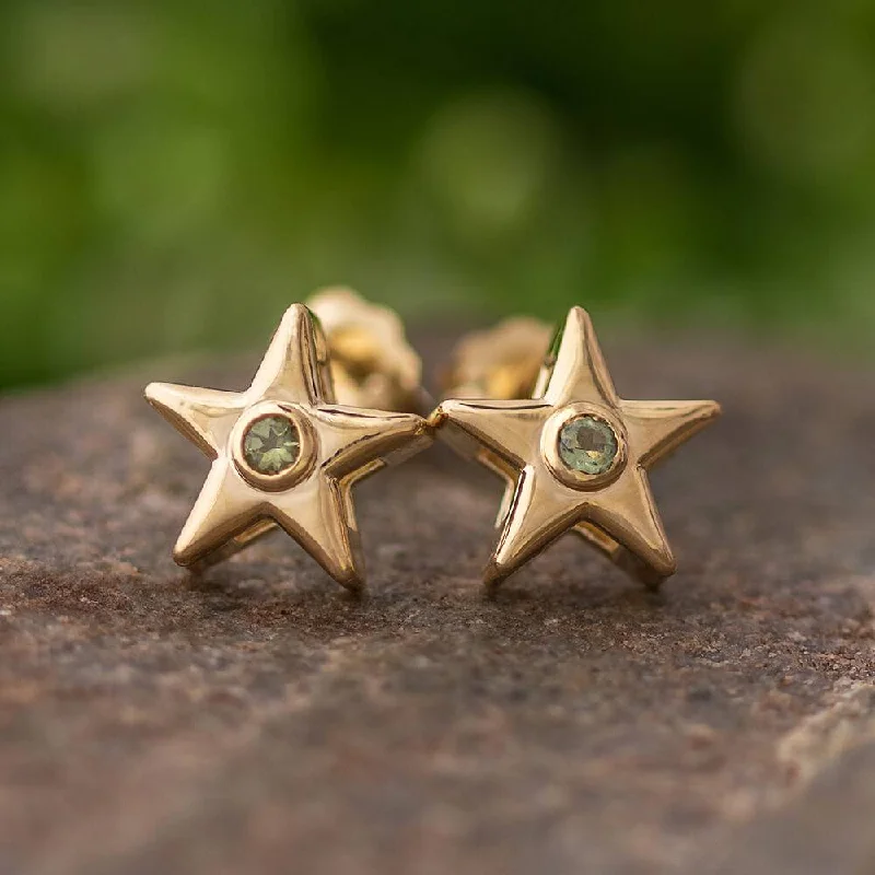 Moldavite Star Stud Earrings In Yellow, White or Rose Gold-4650ML