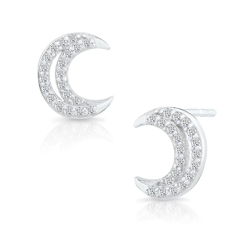 CZ Moon Stud Earrings in Sterling Silver