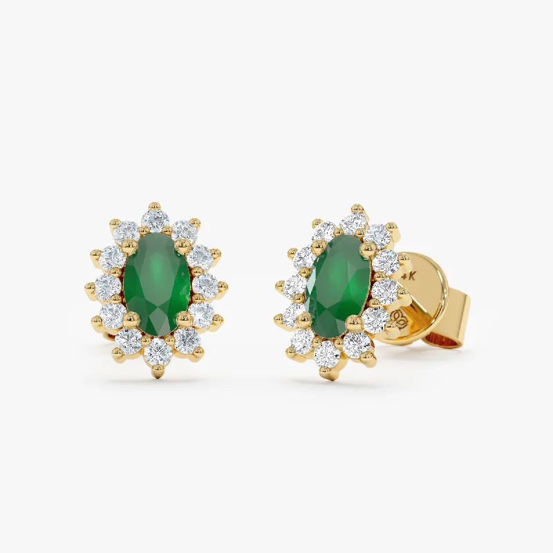 Oval Emerald Halo Diamond Studs, Roselyn