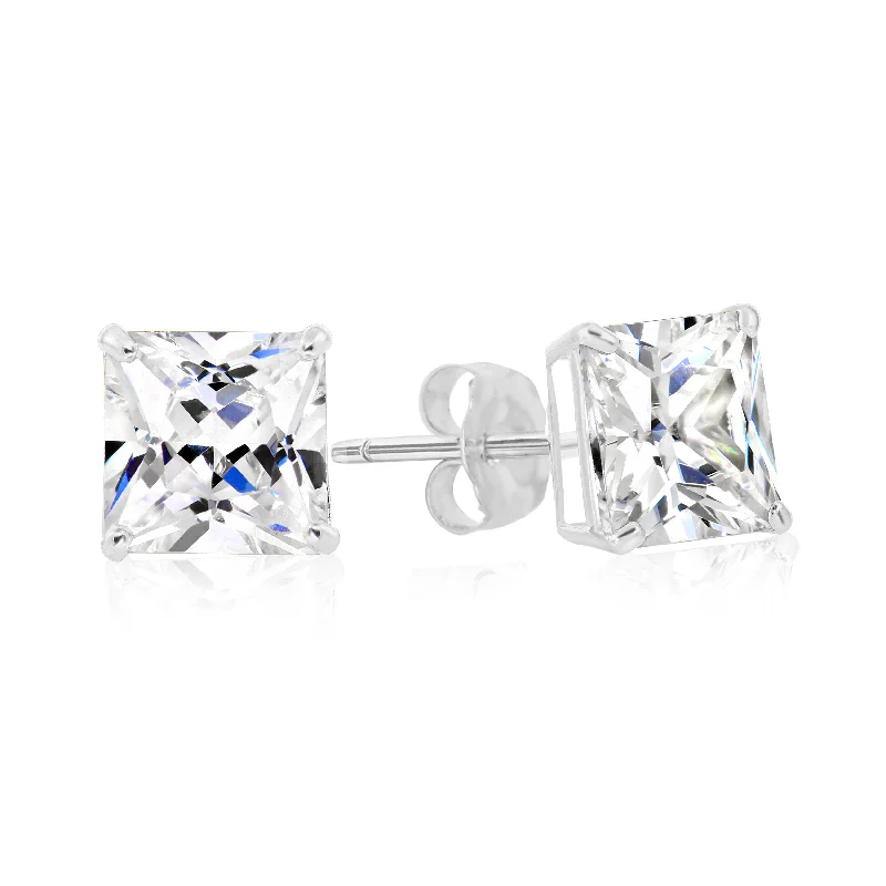 Sterling Silver Square CZ Pushback Studs, Princess-Cut Studs