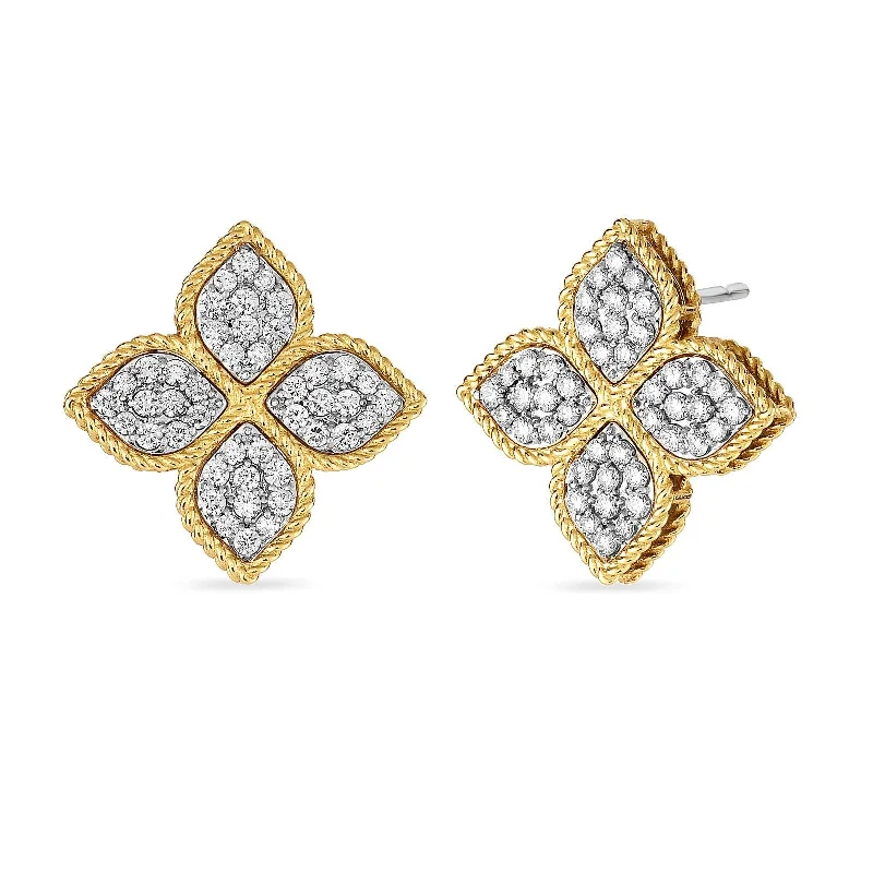 ROBERTO COIN TWO TONE GOLD DIAMOND PRINCESS FLOWER EARRINGS MEDIUM