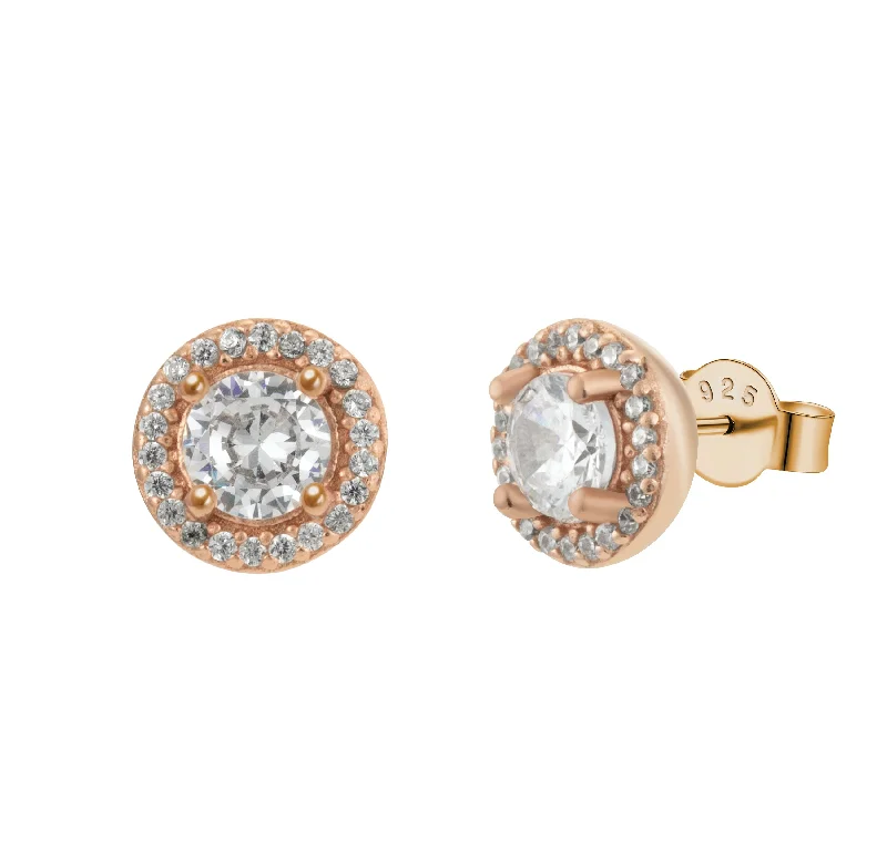 Rose Gold Round Sparkle Halo Crystal Pave Stud Earrings