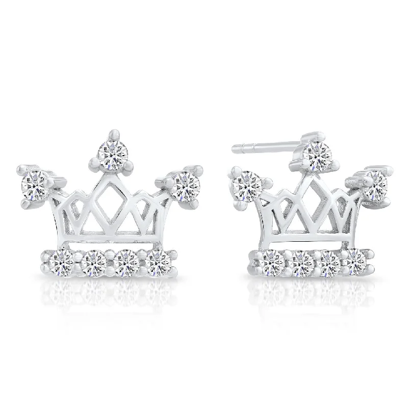 CZ Royal Queen Crown Stud Earrings in Sterling Silver