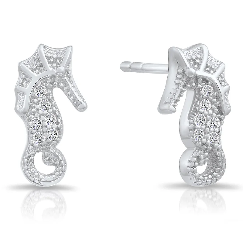 CZ Seahorse Stud Earrings in Sterling Silver