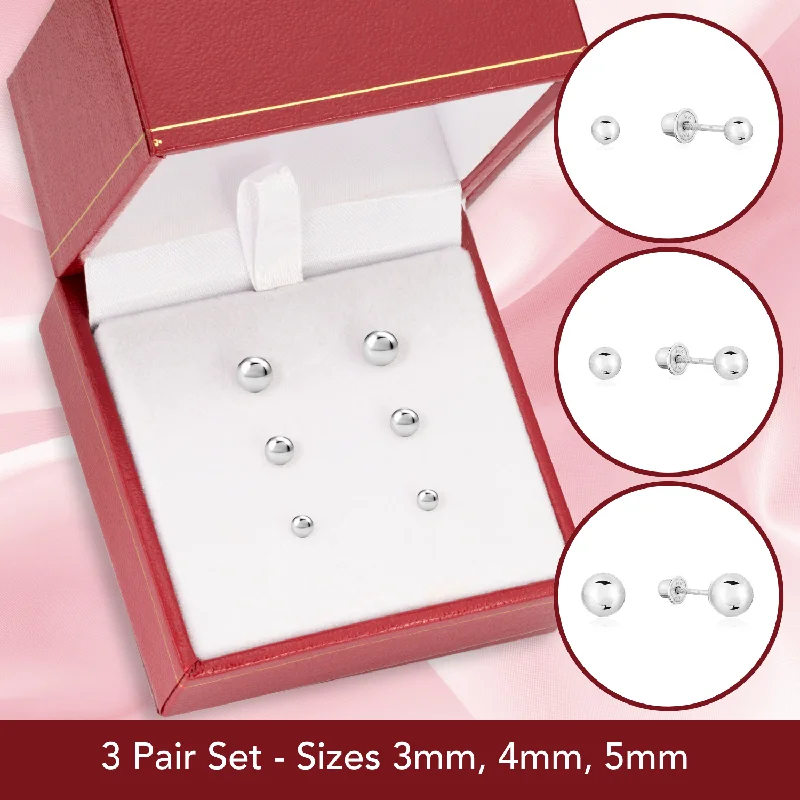 Bundle SET OF 3! 14k White Gold Ball Stud Earrings with Screw Backings, Unisex