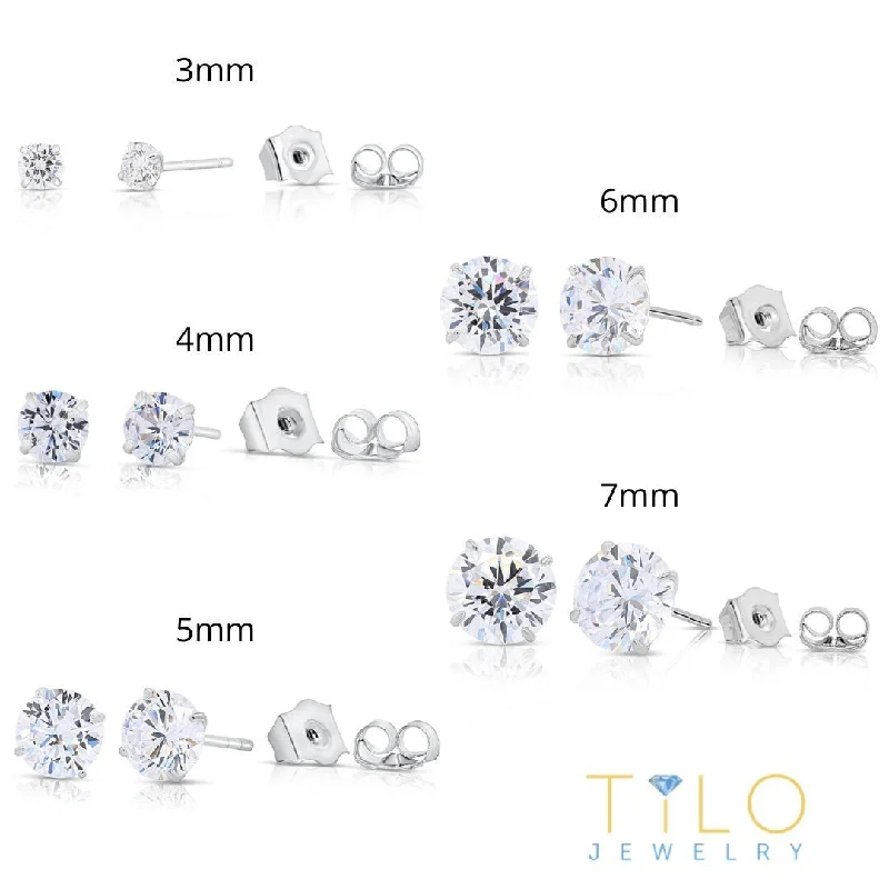 Set of 5! 925 Solid Sterling Silver Basket Set Round CZ Stud Earrings, Pushback Sleeper Studs, Simulated Diamond, Unisex