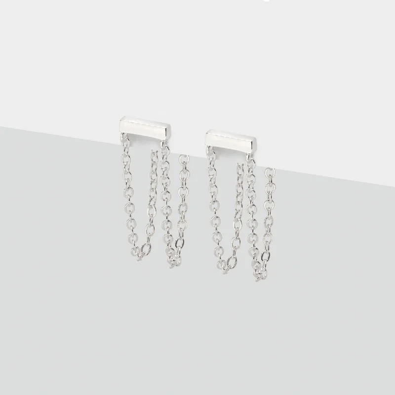 Silver Bar Double Chain Stud Earrings