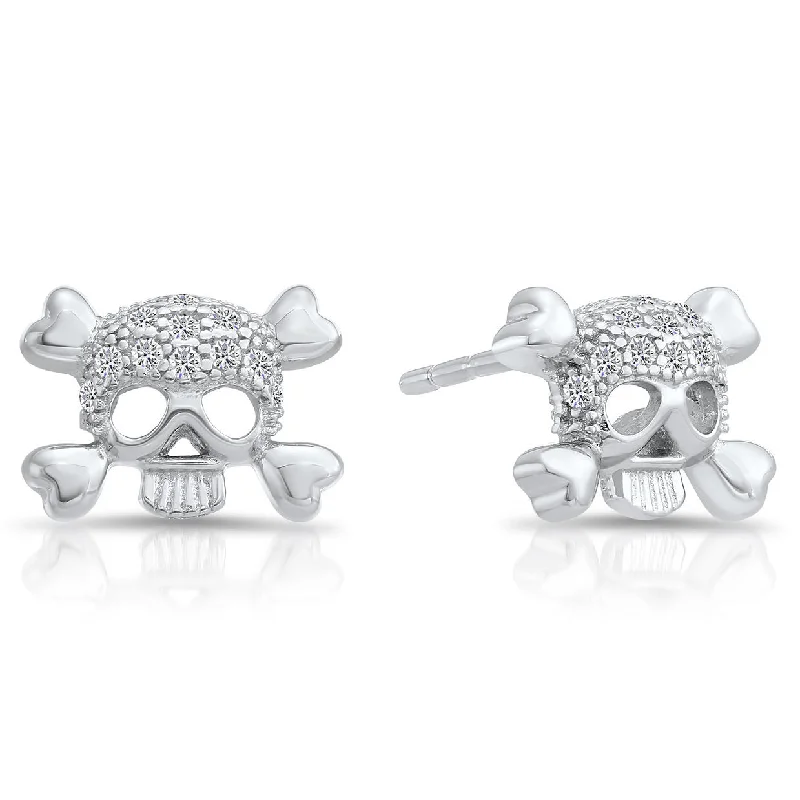 CZ Small Skull and Bones Stud Earrings in Sterling Silver