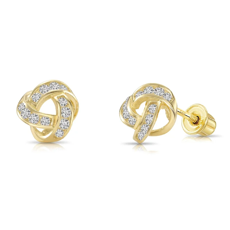 Solid 14k Gold Brilliant CZ Love Knot Twist Studs, 7mm, With Screwbacks