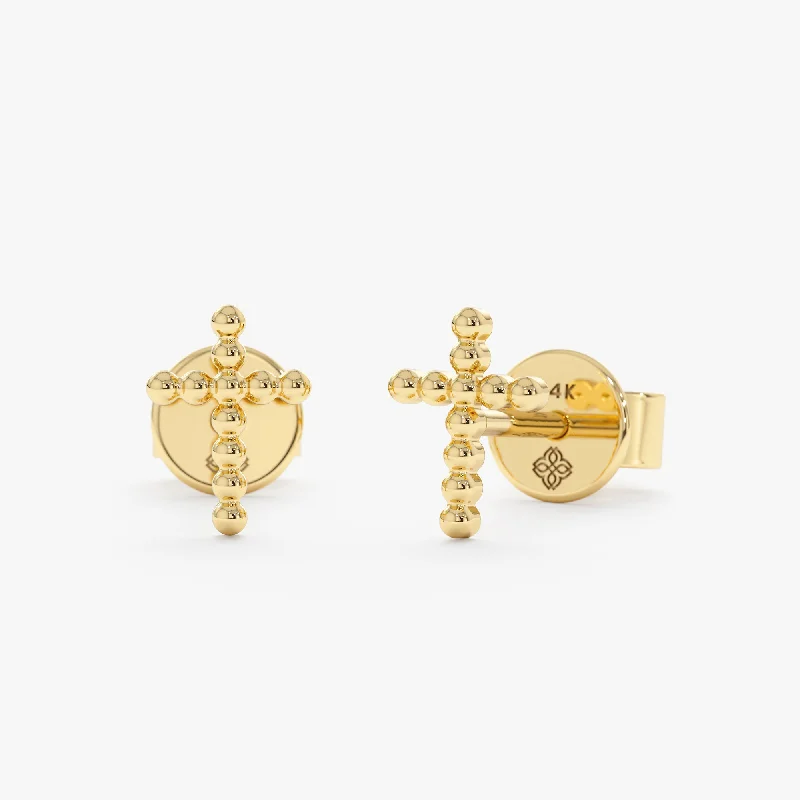 Solid Gold Beaded Cross Studs, Miriam