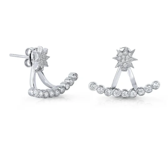 CZ Starburst Stud Earrings, 2 in 1 Front-Back in Sterling Silver