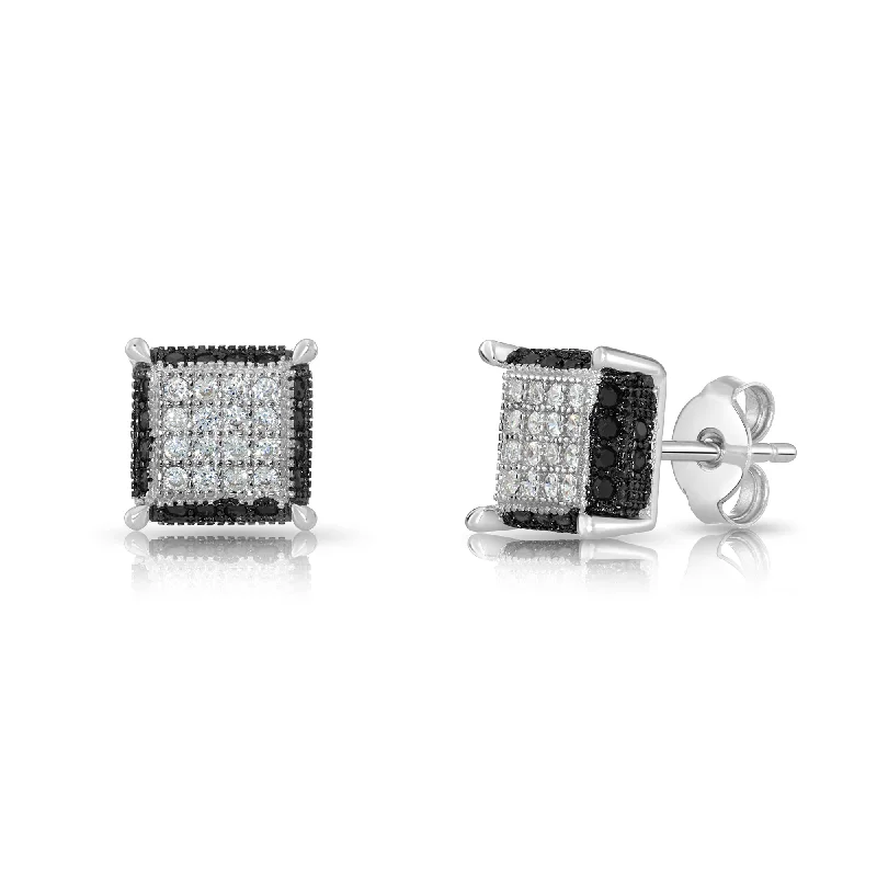 CZ Black and White Square Push-back Stud Earrings, Unisex