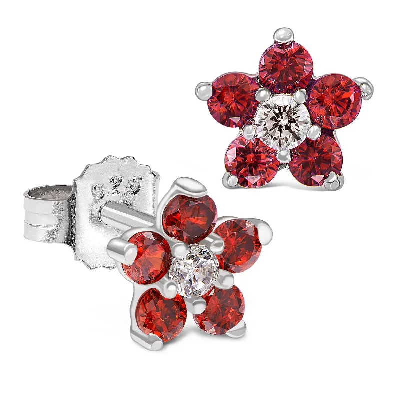 CZ Birthstone Flower Stud Earrings in Sterling Silver