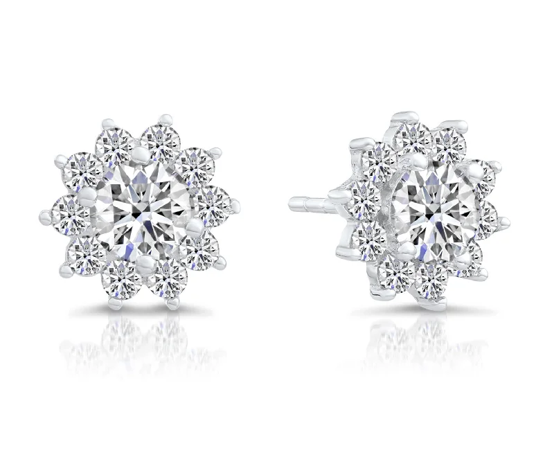 CZ Sunflower Halo Stud Earrings in Sterling Silver