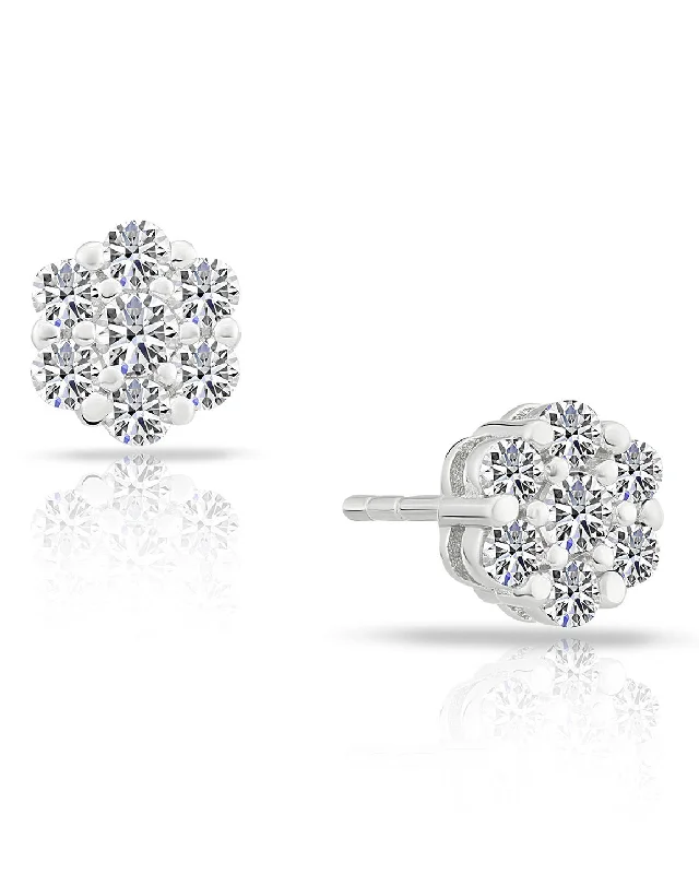 CZ Tiny Flower Halo Stud Earrings in Sterling Silver