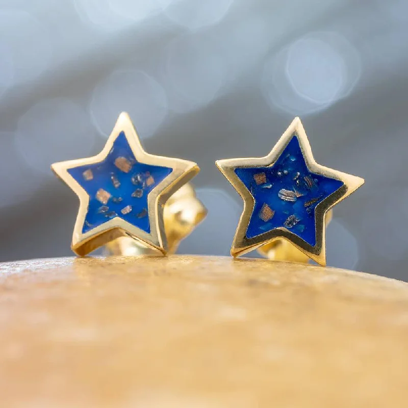 Tiny Gold Star Stud Earrings with Blue Stardust