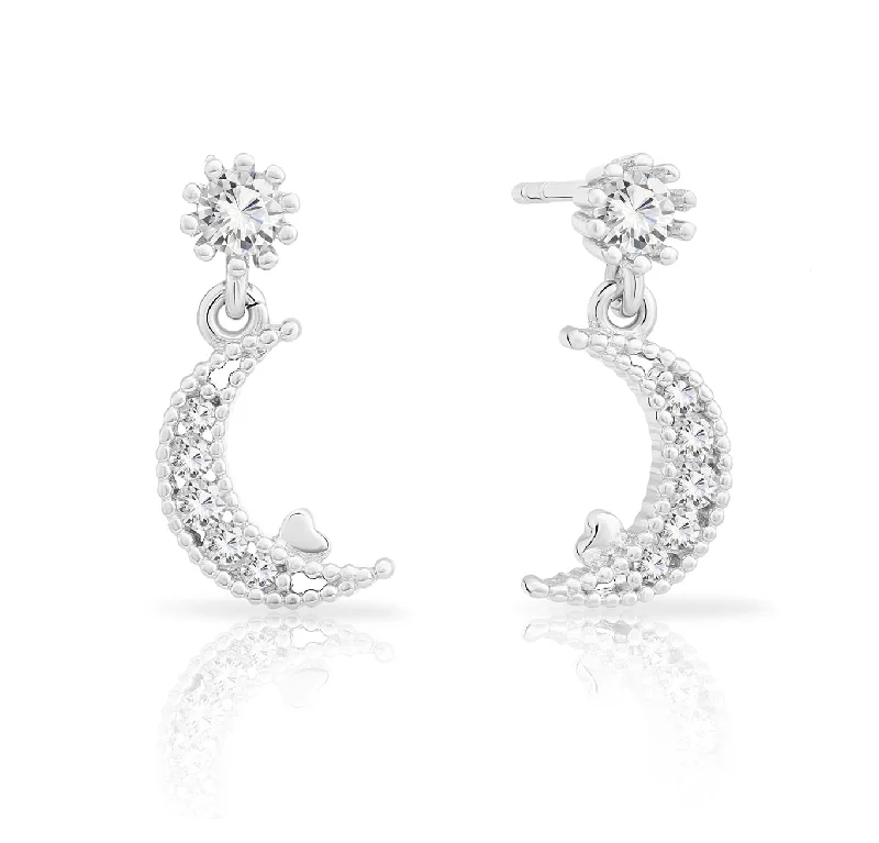 Tiny Moon With Star CZ Stud Earring Sterling Silver