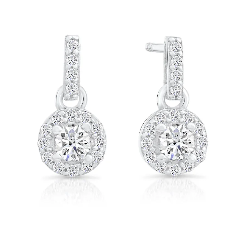 CZ Tiny Round Halo Dangle Stud Earrings in Sterling Silver